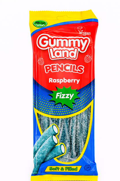 Pack of 12 x 150g Gummy Land Fizzy Raspberry Pencils - Halal - Vegan