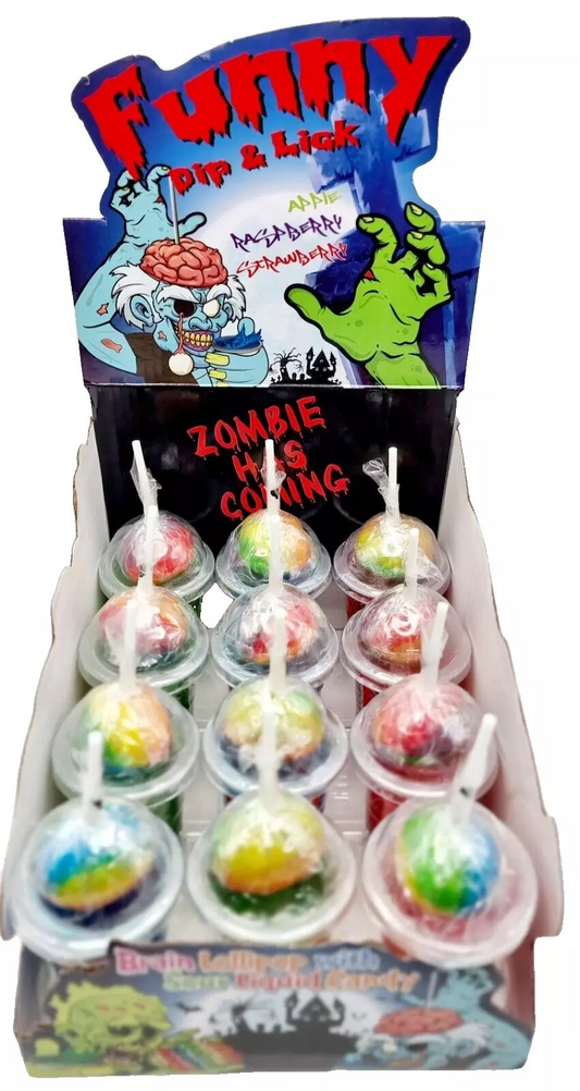 PACK OF 12 HALAL FUNNY DIP N LICK ZOMBIE LOLLIPOP