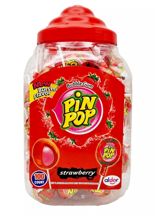 HALAL PIN POP STRAWBERRY BUBBLEGUM FILLED LOLLIPOPS 100 PIECES