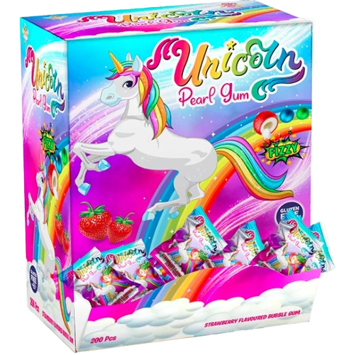 PACK OF 200 UNICORN PEARL BUBBLE GUM LIQUID CENTRE GUM