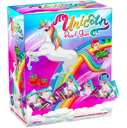 PACK OF 200 UNICORN PEARL BUBBLE GUM LIQUID CENTRE GUM