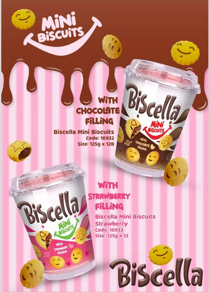 Biscella Mini Strawberry Filled Biscuits, 125g (Pack of 6 or 12)