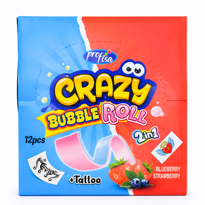 12 x 30g Bubble Gum Roll with Tattoo - Crazy 2 in 1 - Blueberry & Strawberry Party Bags