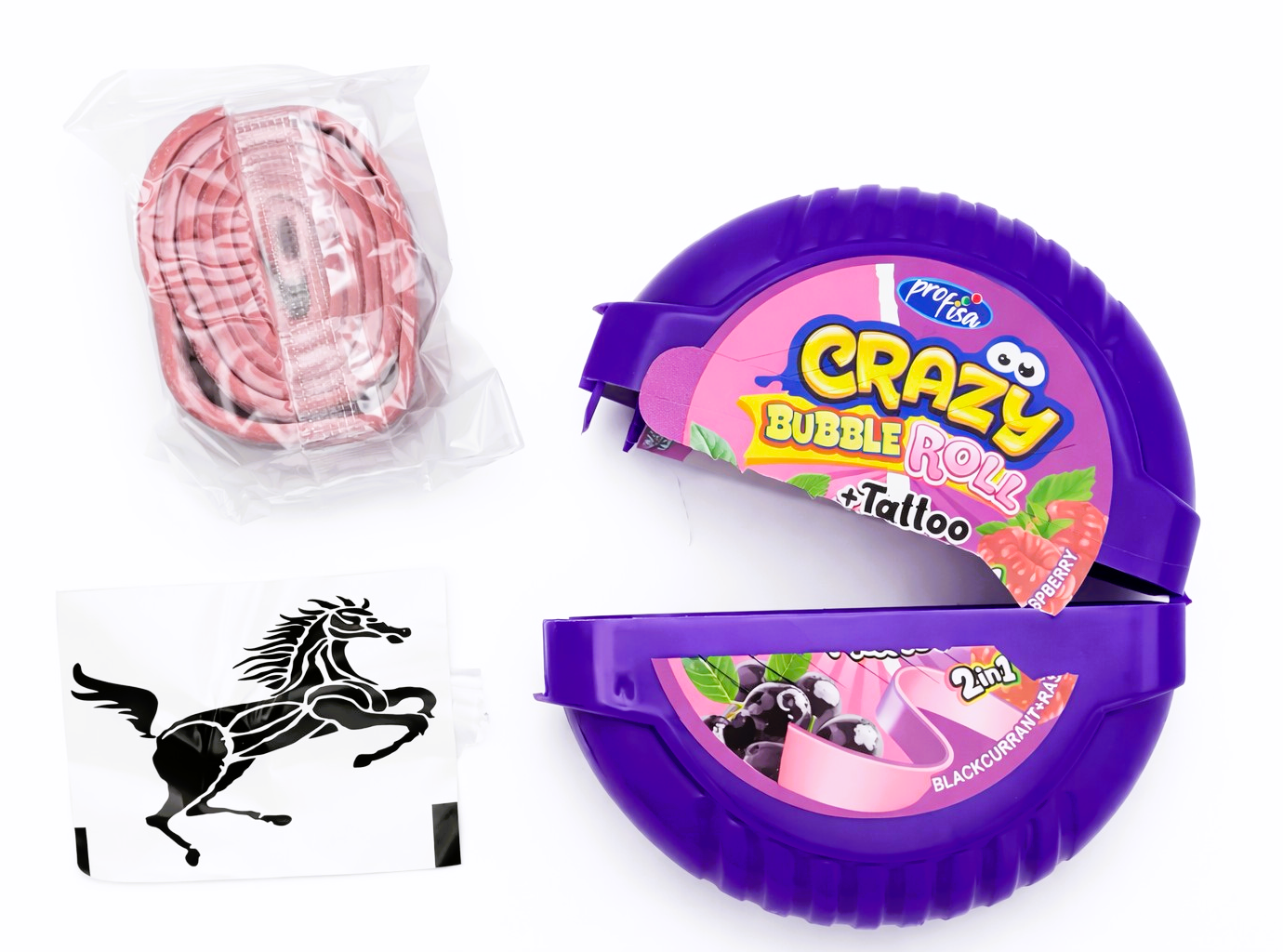 12 x 30g Bubble Gum Roll with Tattoo - Crazy 2 in 1 - Blackcurrant & Raspberry Party Bags