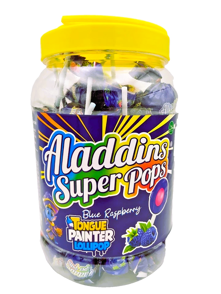 Aladdins Super Pops 60 x Lollipops Bubblegum Centre Blueberry Flavour Tongue Painter Lollies
