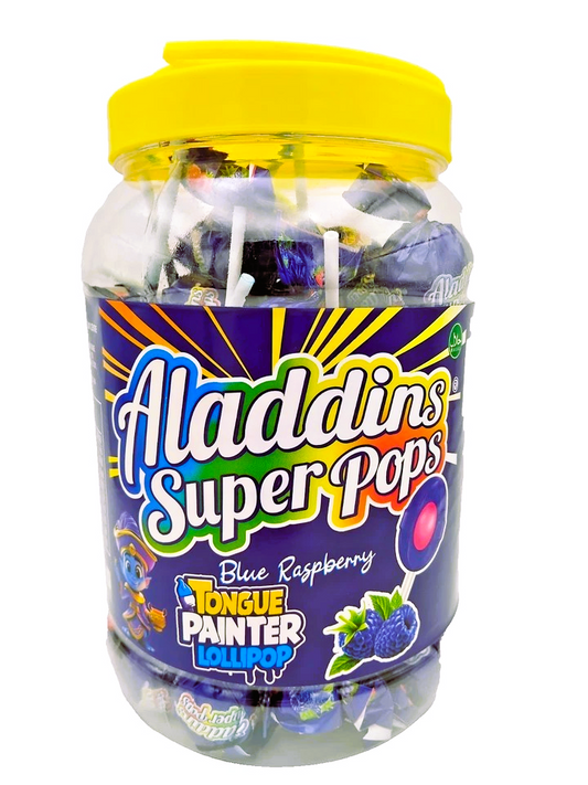 Aladdins Super Pops 60 x Lollipops Bubblegum Centre Blueberry Flavour Tongue Painter Lollies