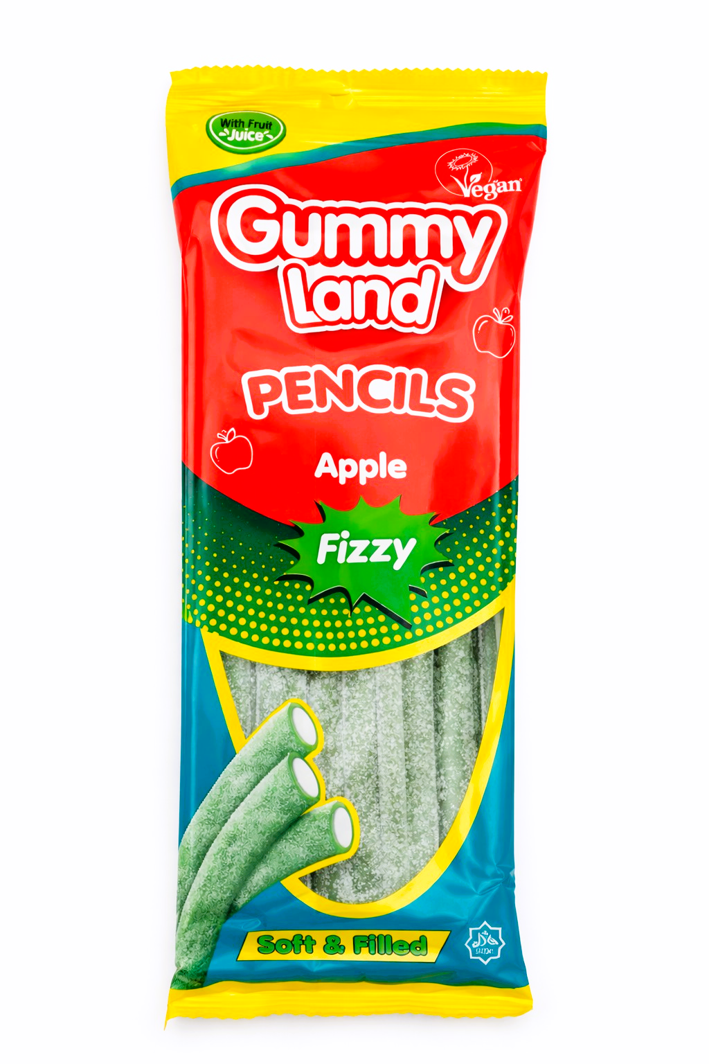 Pack of 12 x 150g Gummy Land Fizzy Apple Pencils - Halal - Vegan