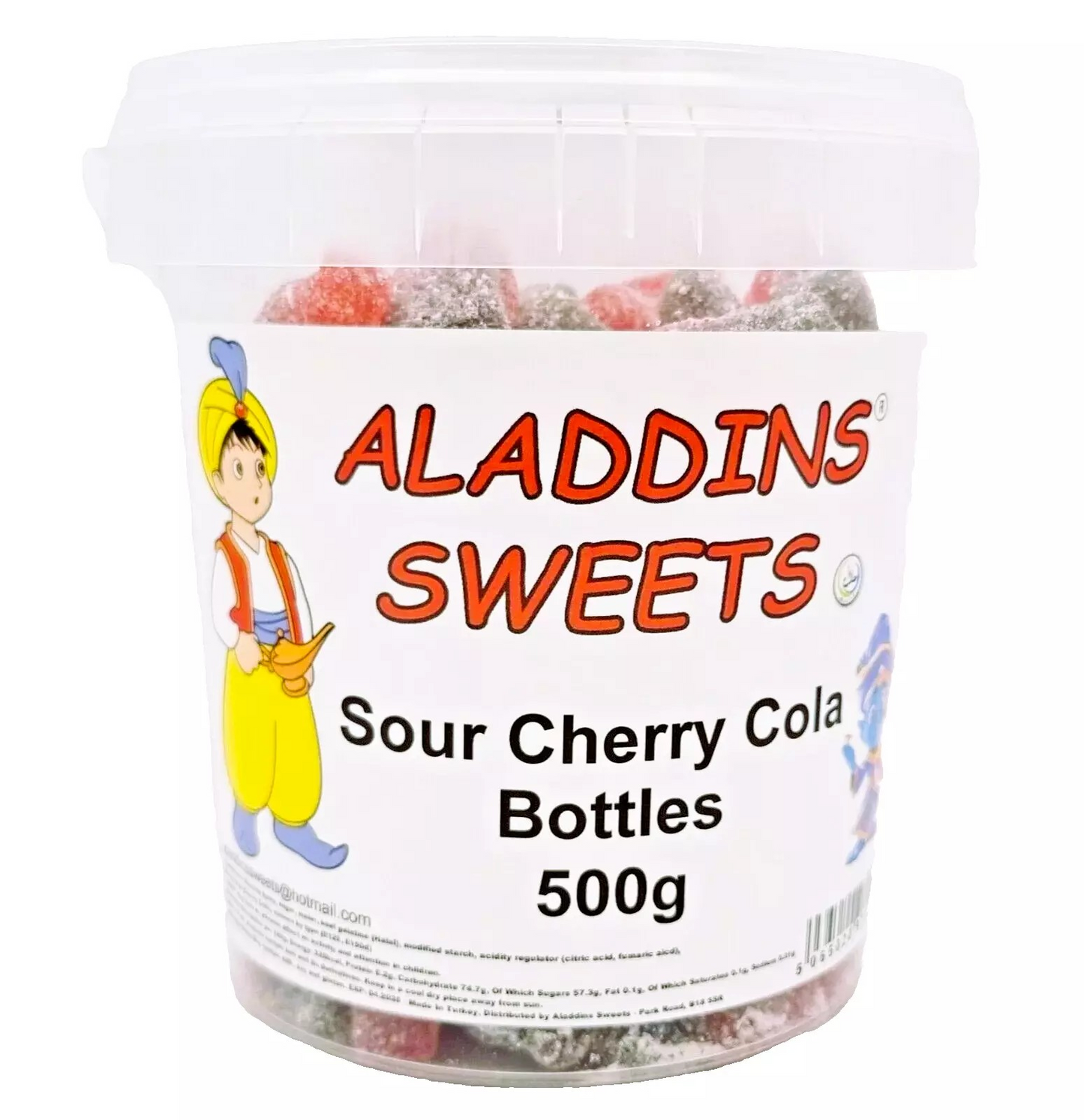 500g Sour Cherry Cola Bottles Jellies, Halal Aladdins Sweets Tub