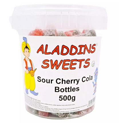 500g Sour Cherry Cola Bottles Jellies, Halal Aladdins Sweets Tub