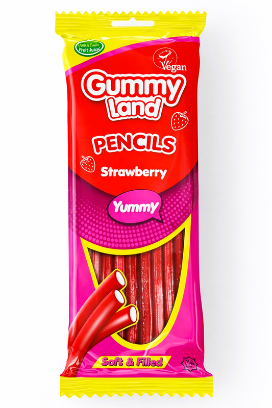 Pack of 12 x 150g Gummy Land Jelly Strawberry Pencils - Halal - Vegan