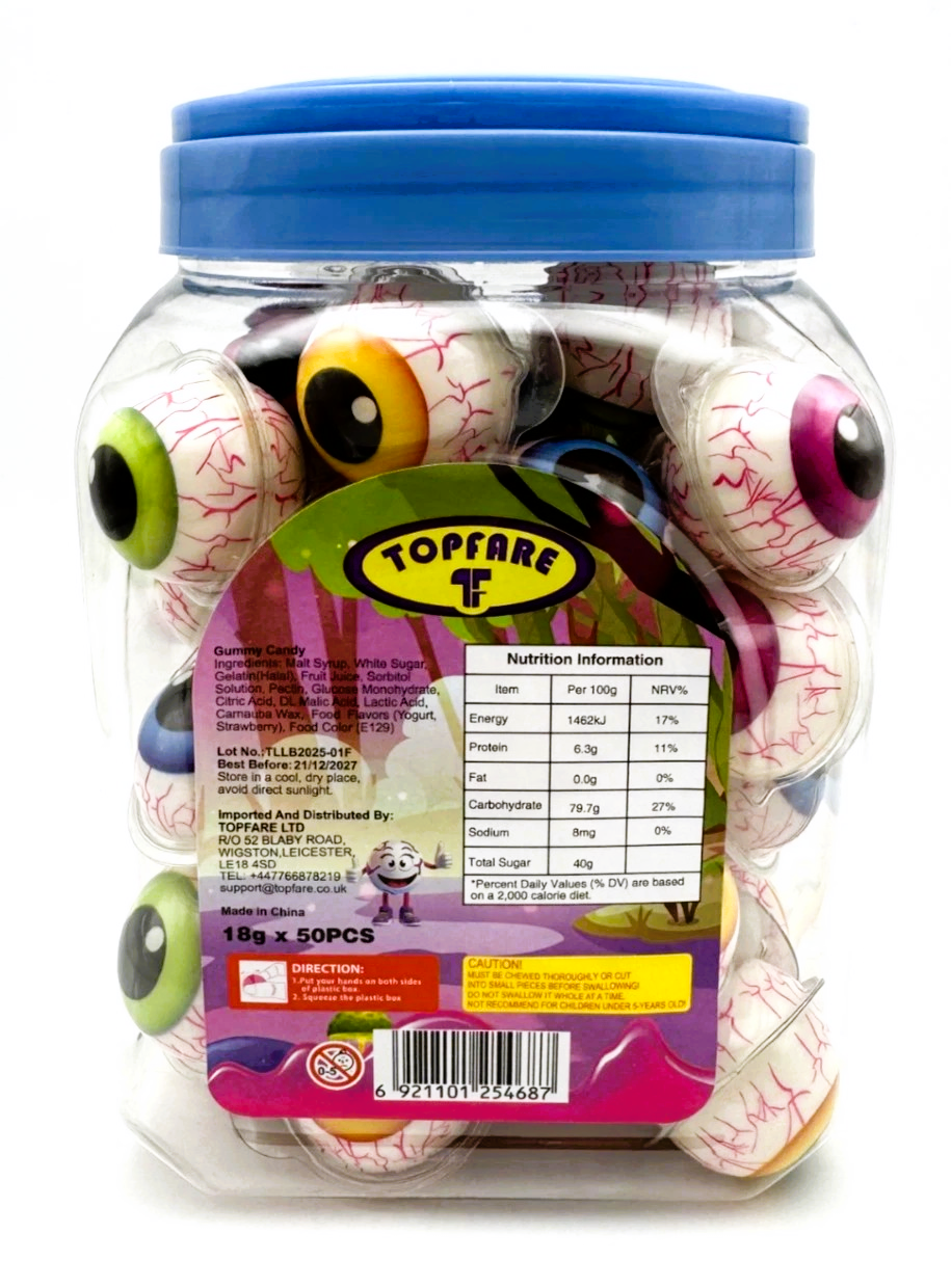 Eye Ball Gummy Juicy Strawberry Filled Sweets 50 x 18g Jar Halal Kids Party Bags Fillers