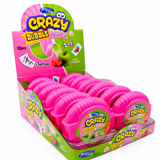 12 x 30g Bubble Gum Roll with Tattoo - Crazy 2 in 1 - Apple & Strawberry Party Bags