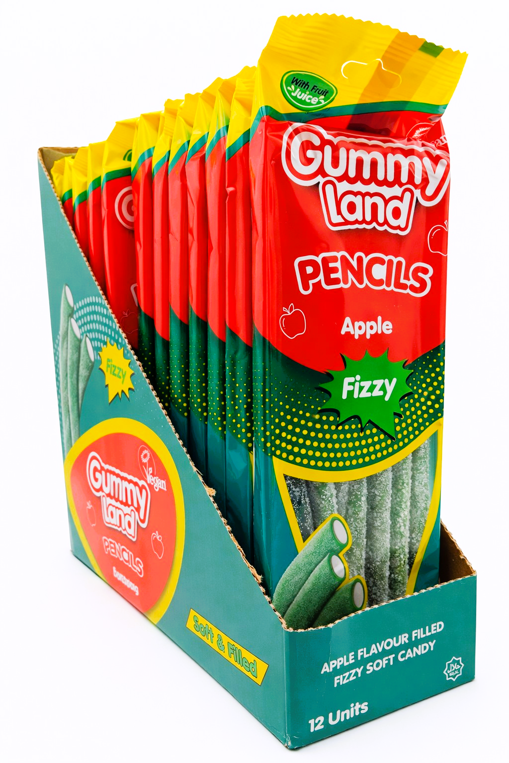 Pack of 12 x 150g Gummy Land Fizzy Apple Pencils - Halal - Vegan