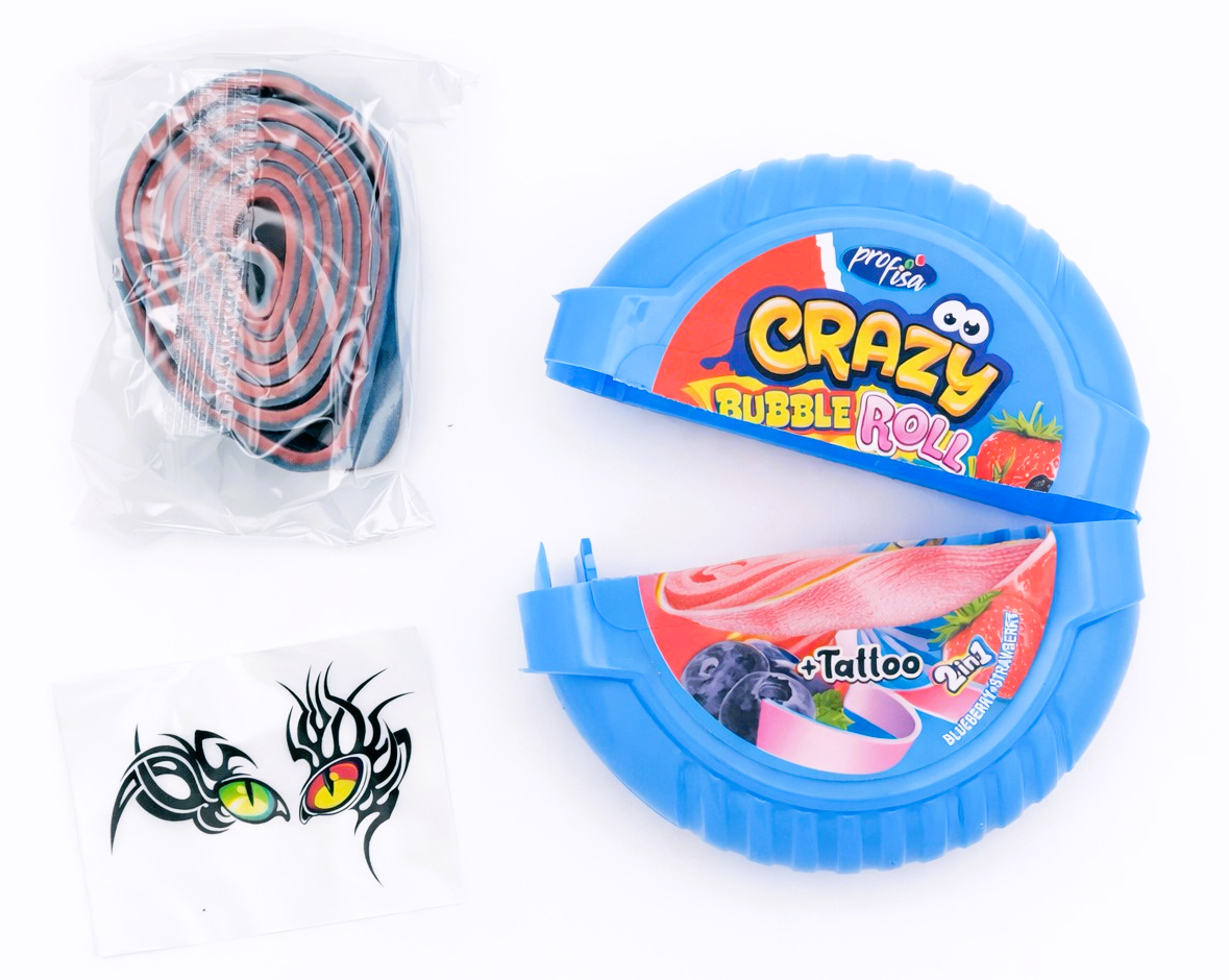 12 x 30g Bubble Gum Roll with Tattoo - Crazy 2 in 1 - Blueberry & Strawberry Party Bags
