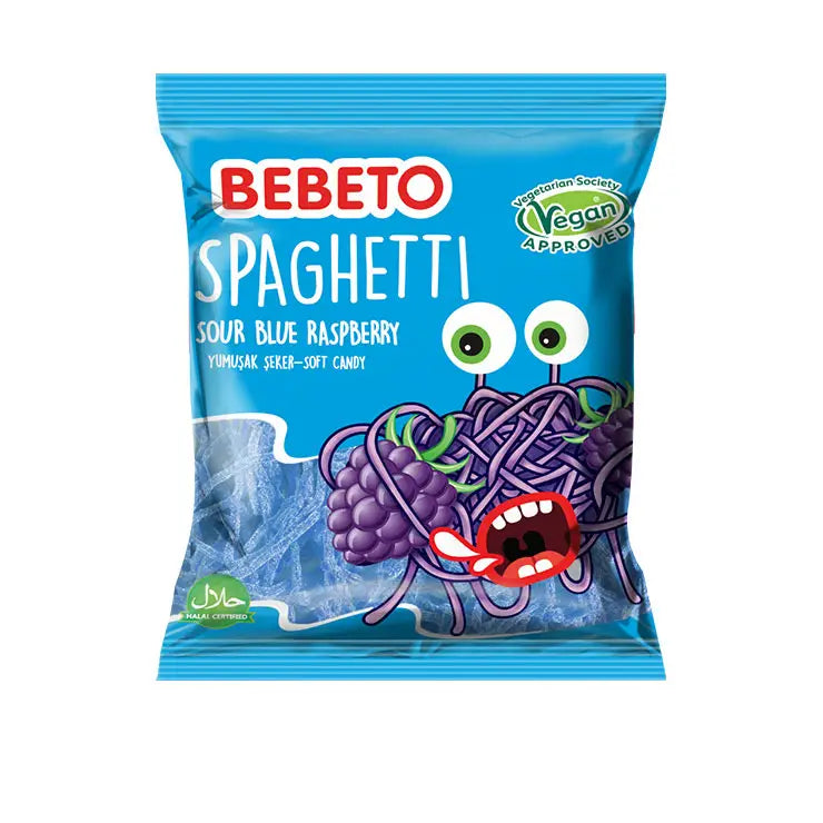 PACK OF 12 HALAL BEBETO SOUR BLUE RASPBERRY SPAGHETTI 