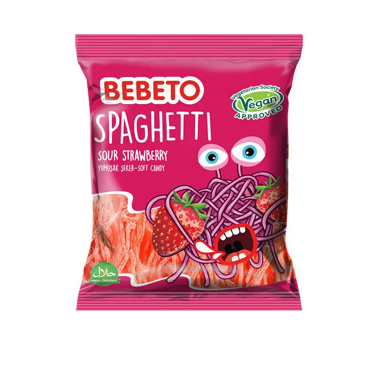 PACK OF 20 HALAL BEBETO SPAGHETTI SOUR STRAWBERRY VEGAN