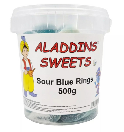 500g Sour Blue Rings Jellies, Halal Aladdins Sweets Tub