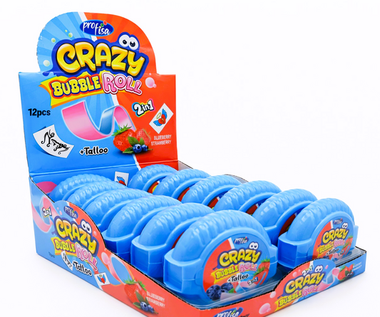 12 x 30g Bubble Gum Roll with Tattoo - Crazy 2 in 1 - Blueberry & Strawberry Party Bags