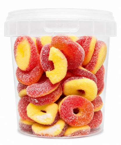 500g Sour Peach Rings Jellies, Halal Aladdins Sweets Tub