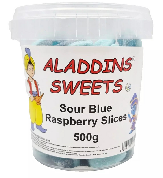 500g Sour Blue Raspberry Slices Jellies, Halal Aladdins Sweets Tub