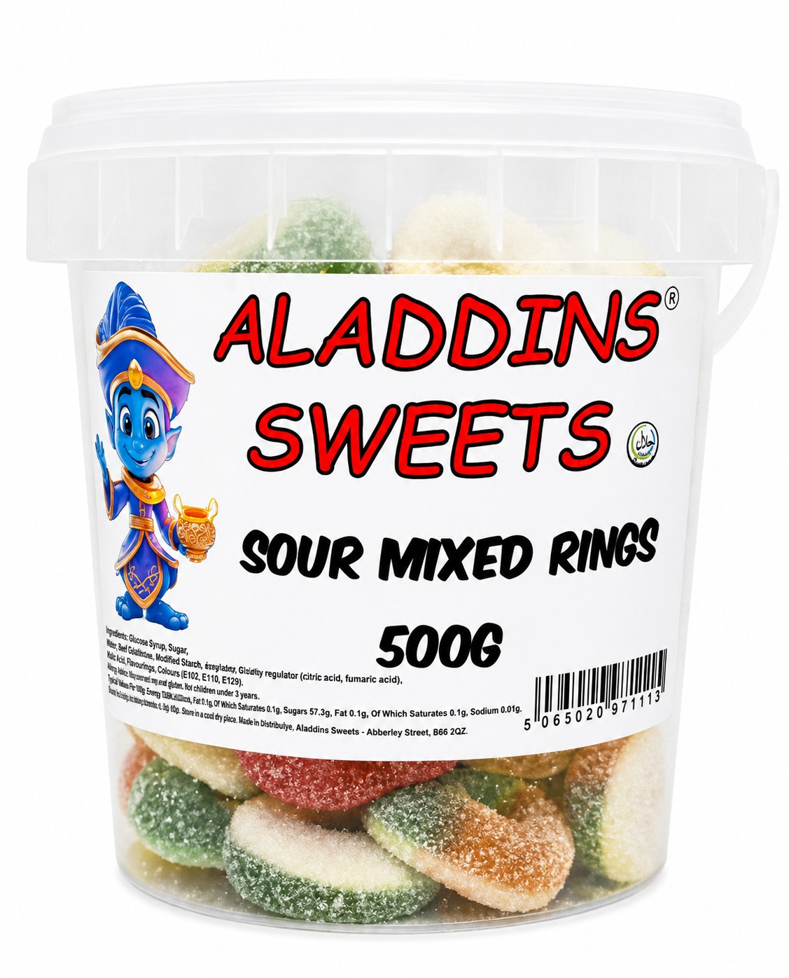 500g Sour Mixed Rings Jellies, Halal Aladdins Sweets Jelly Tub
