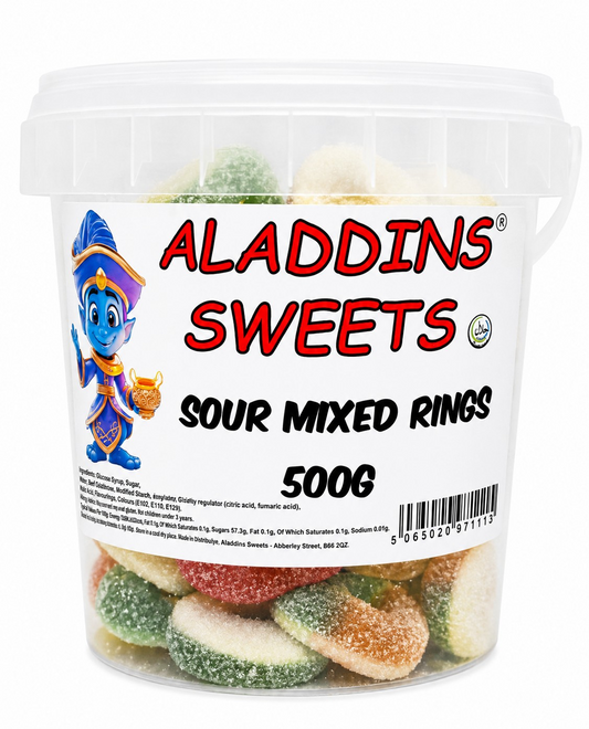 500g Sour Mixed Rings Jellies, Halal Aladdins Sweets Jelly Tub