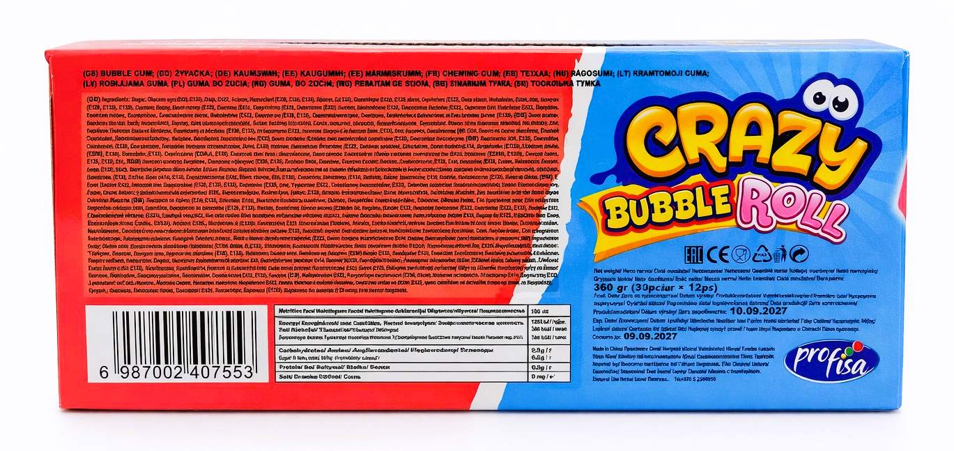 12 x 30g Bubble Gum Roll with Tattoo - Crazy 2 in 1 - Blueberry & Strawberry Party Bags