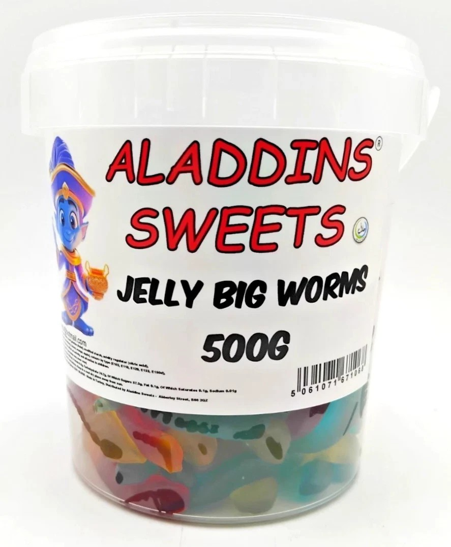 500g Jelly Big Worms Jellies - Halal Jelly - Aladdins Sweets Tubs