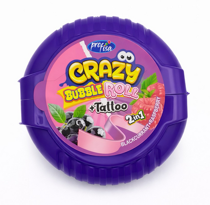 12 x 30g Bubble Gum Roll with Tattoo - Crazy 2 in 1 - Blackcurrant & Raspberry Party Bags