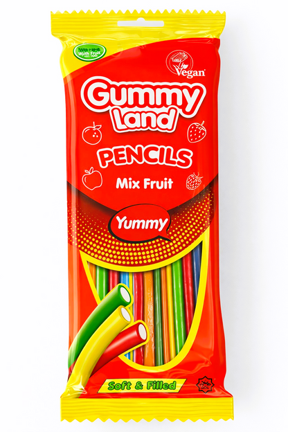 Pack of 12 x 150g Gummy Land Jelly Mix Fruit Pencils - Halal - Vegan
