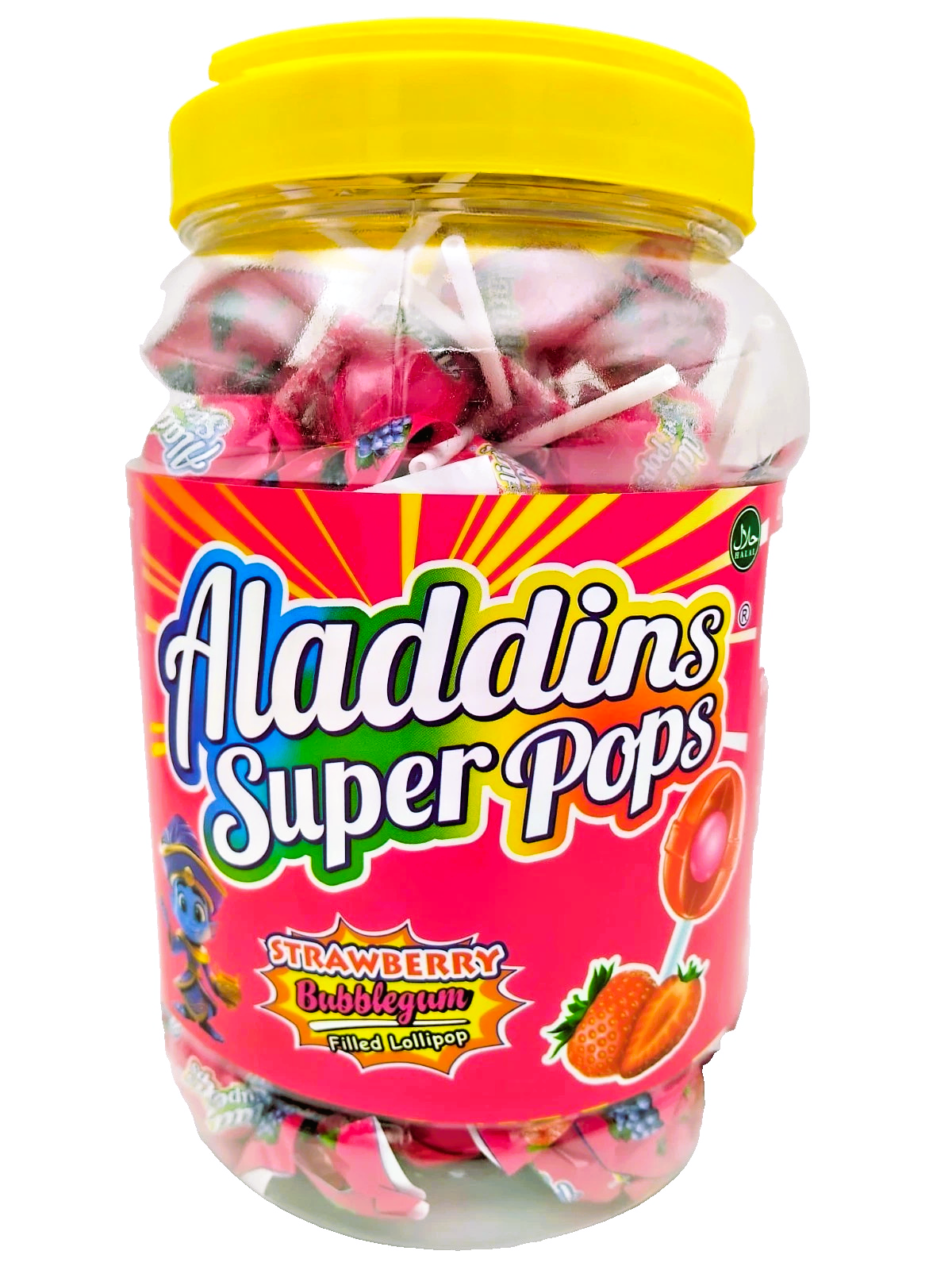 Aladdins Super Pops 60 x Lollipops Bubblegum Centre Strawberry Flavour Lollies