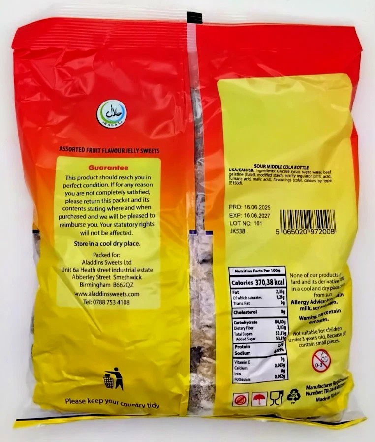 1kg Halal Fizzy Sour Jelly Cola bottles Aladdins Sweets