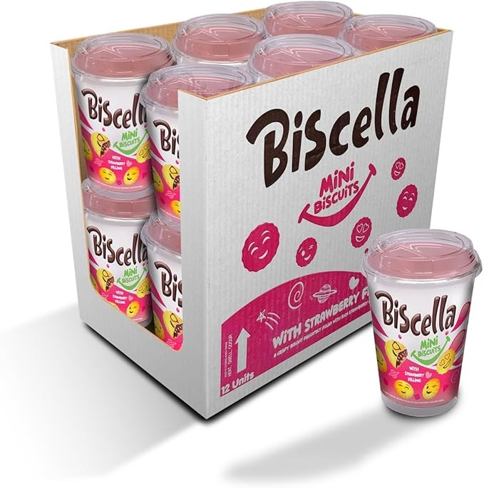 Biscella Mini Strawberry Filled Biscuits, 125g (Pack of 6 or 12)