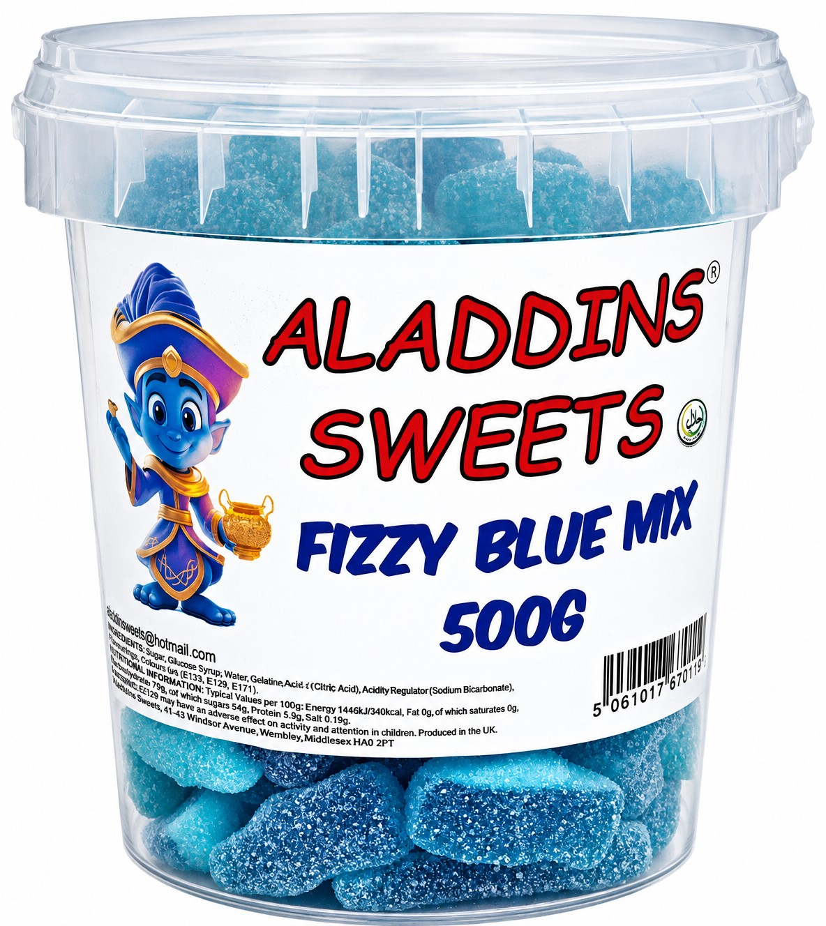 500g Sour Blue Mix Jellies, Halal Aladdins Sweets Tub